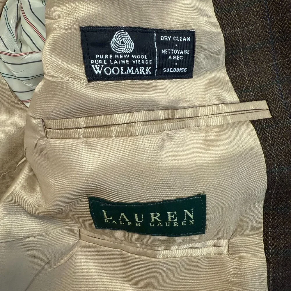 Lauren Ralph Lauren Men 43R Brown Plaid Blazer Sport Coat 100% Lambs Wool Jacket